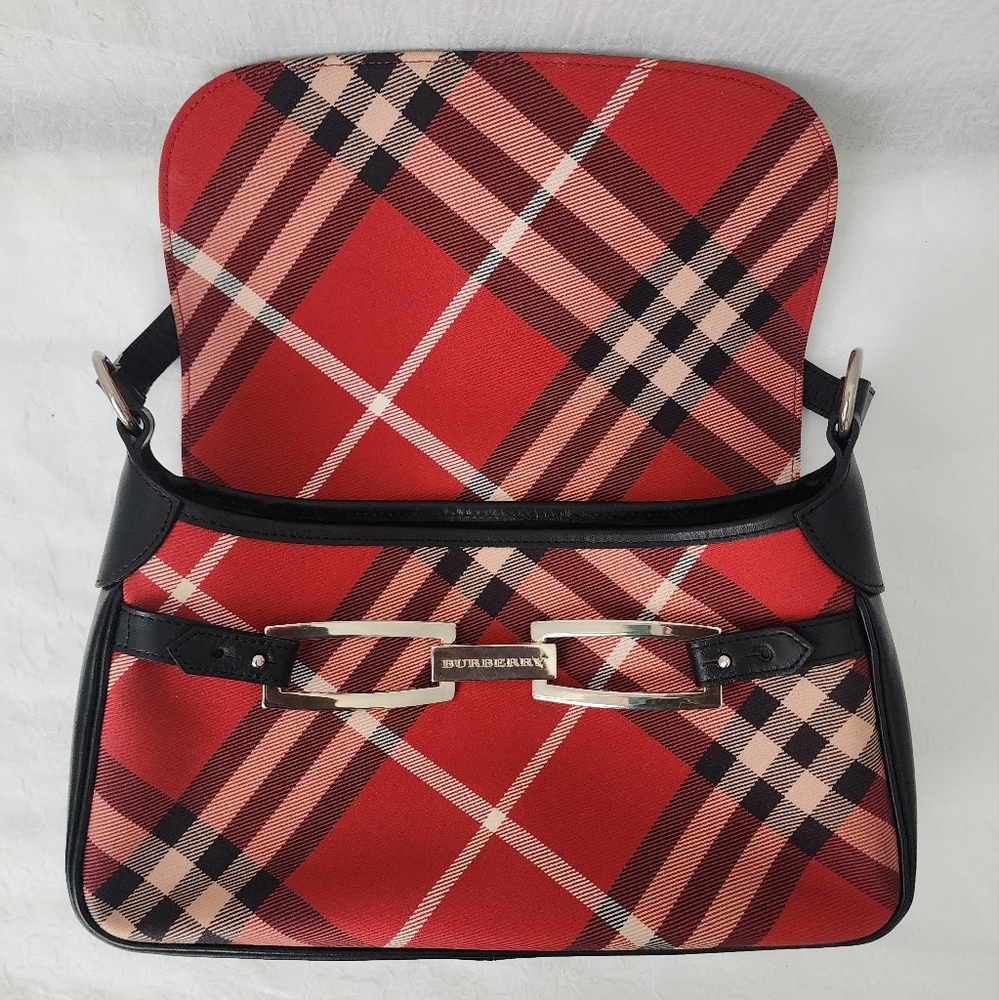 Auth Burberry Lattice Pattern Leather/Canvas Shoulder Bag - Picture 7 of 10